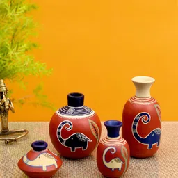 AAKRITI ART CREATIONS Red & Blue 4 Pieces Printed Terracotta Vases-picture-22