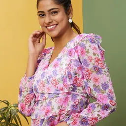 Globus Pink Floral Printed V-Neck Puff Sleeve Ruffled Georgette Wrap Top-picture-19