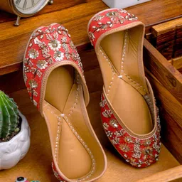 NR By Nidhi Rathi Women Red Hand embroidered & Embellished Mojaris Flats-image-1