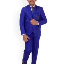 FOURFOLDS Boys Blue Solid Single-Breasted 5-Piece Suit-image-29