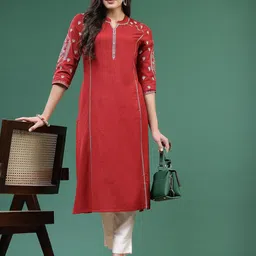 Sangria Ethnic Motifs Embroidered Cotton Straight Kurta-image-40