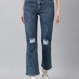 Code 61 Women Blue Relaxed Fit High-Rise Mildly Distressed Light Fade Acid Wash Stretchable Jeans-image-4