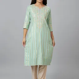 Globus Sea Green & Pink Floral Embroidered Pure Cotton Kurta-picture-31