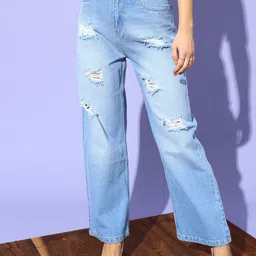 STREET 9 Women Blue Flared High-Rise Highly Distressed Heavy Fade Jeans-image-85