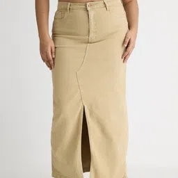 FREAKINS Beige A-Line Pure Cotton Button Straight Maxi Skirt-picture-33