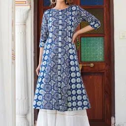 KALINI Geometric Printed Round Neck Three-Quarter Sleeves Cotton Kurta-image-64