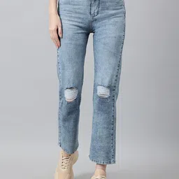 Code 61 Women Blue Relaxed Fit High-Rise Slash Knee Heavy Fade Acid Wash Stretchable Jeans image 1