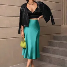 StyleCast Satin Knee -Length Flared Skirt-image-1