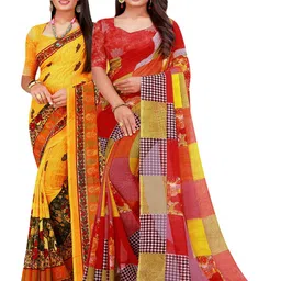 KALINI Set Of 2 Yellow & Red Floral Pure Georgette Saree-picture-10
