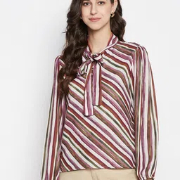 Madame Women Off White Striped Tie-Up Neck Top-image-76