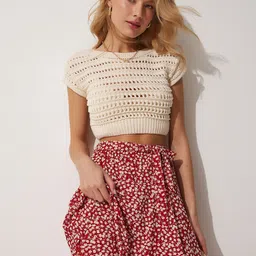 Happiness istanbul Floral Printed Pure Cotton Flared Mini Skirt-picture-29