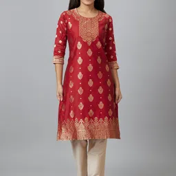 Globus Red Ethnic Motifs Woven Design Round Neck Kurta image 1
