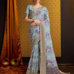 Mitera Sea Green Floral Printed Zari Pure Cotton Saree-image-72