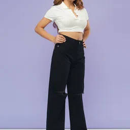 FREAKINS Women Wide Leg High-Rise Slash Knee Pure Cotton Jeans-picture-25