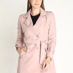 HONNETE Women Pink Solid Trench Coats With Belt-picture-14