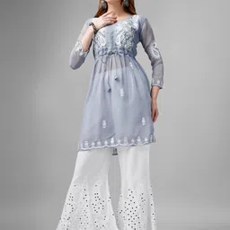 wearial Floral Embroidered Chikankari Pure Georgette A-Line Kurti-picture-21