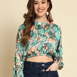 Trend Arrest Tropical Printed Puff Sleeve Shirt Style Crop Top-image-60