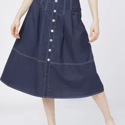 Tokyo Talkies Women Navy Blue Solid Casual-Fit Midi A-Line Skirt-picture-19