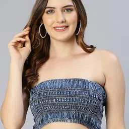 Oxolloxo Women Blue Smocked Tube Pure Cotton Crop Top-image-53
