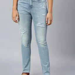 Woodland Women Blue Mildly Distressed Heavy Fade Stretchable Jeans-image-91