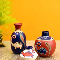 AAKRITI ART CREATIONS 3 Pcs Red & Blue Printed Terracotta Vases-picture-28