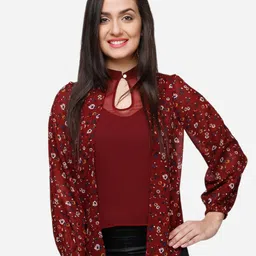 V&M Women Maroon & White Floral Printed Keyhole Neck Georgette Top-picture-16