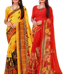 KALINI Yellow & Red Set Of 2 Floral Pure Georgette Saree-picture-31