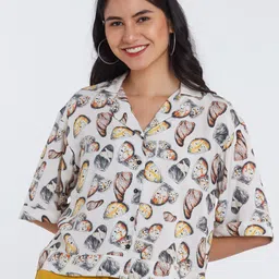 Zink London Women Off White Slim Fit Printed Casual Shirt-picture-33