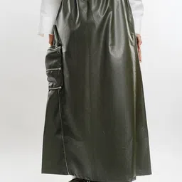 FREAKINS Green Curved Leather Slip-On A-Line Long Skirt-picture-15