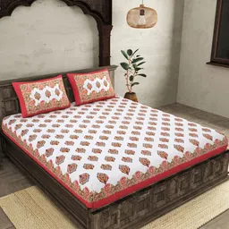 JAIPUR FABRIC Peach White Ethnic Motifs Cotton 250 TC King Bedsheet With 2 Pillow Covers image 1