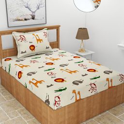MORADO Off White & Green Graphic 210 TC Single Fitted Bedsheet With 1 Pillow Covers-picture-15
