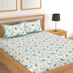 Lali Prints Blue & White Floral Printed 250 TC Cotton King Bedsheet with 2 Pillow Covers-picture-12