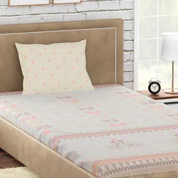 PETAL HOME Cream-Coloured & Pink Printed 300 TC Cotton Single Bedsheet with 1 Pillow Covers-picture-28
