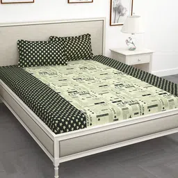 Story@home 210 TC Cream-Coloured Green Conversational King Bedsheet with 2 Pillow Covers-picture-10