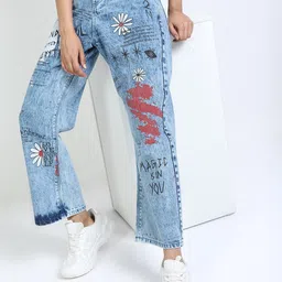 Tokyo Talkies Women Blue Wide Leg Heavy Fade Printed Cotton Jeans-picture-25