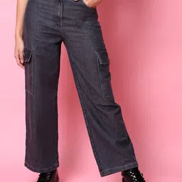Freehand by The Indian Garage Co Women Grey Flared Clean Look Cargo Jeans-image-58