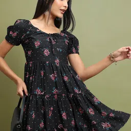Tokyo Talkies Black Floral Printed Puff Sleeves Gathered Tiered Fit & Flare Dress-picture-38