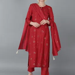 AHIKA Women Red Ethnic Motifs Embroidered Kurta with Trousers & Dupatta image 1