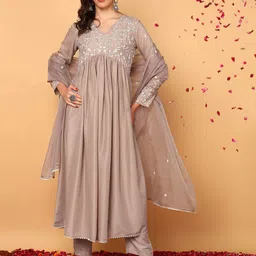 AHIKA Floral Embroidered Empire Kurta With Trousers & Dupatta image 1