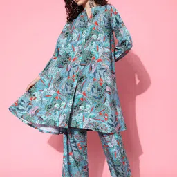 KALINI Floral Printed Mandarin Collar A-Line Kurta with Trousers image 1