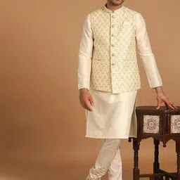 Manyavar Men Printed Kurta with Churidar & Nehru Jacket image 1