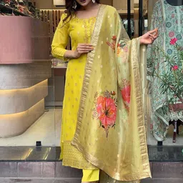 KALINI Floral Woven Design Straight Kurta & Trousers With Dupatta image 1