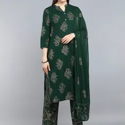 AHIKA Women Green Ethnic Motifs Printed Pure Cotton Kurta with Trousers & With Dupatta image 1