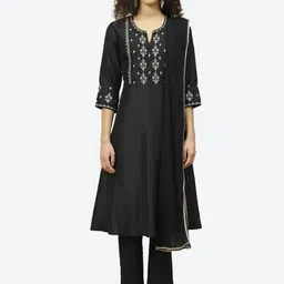 Biba Women Black Ethnic Motifs Embroidered Thread Work Kurta with Trousers With Dupatta image 1