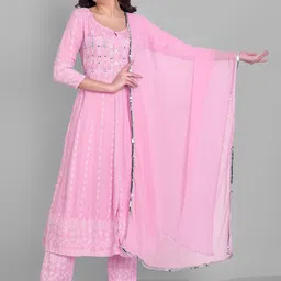 SINGNI Women Pink Ethnic Motifs Embroidered Mirror Work Kurta with Trousers & With Dupatta image 1