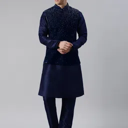 TheEthnic.Co Mandarin Collar Velvet Kurta with Trousers & Jacket image 1