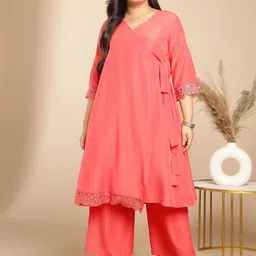 Janasya Plus Size V-Neck Angrakha Sequinned Flared Kurta with Palazzos-image-0