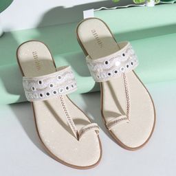 Anouk Cream-Coloured Embellished One Toe Flats-picture-6