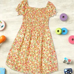 ZION Girls Floral Printed Square Neck Flutter Sleeves Smocking Fit & Flare Dress-image-25