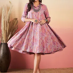 InWeave Floral Printed Shirt Collar Fit & Flare Dress-picture-17